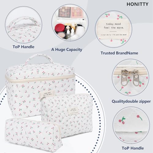 honitty Makeup Bag,Quilted Cosmetic Bag,Large Floral Make Up Bag for Women,Cotton Makeup Bag Set,Flower Travel Toiletry Bag - Image 3