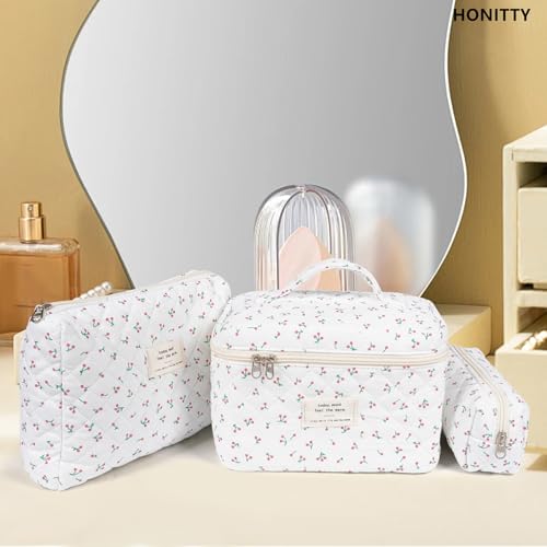 honitty Makeup Bag,Quilted Cosmetic Bag,Large Floral Make Up Bag for Women,Cotton Makeup Bag Set,Flower Travel Toiletry Bag - Image 5