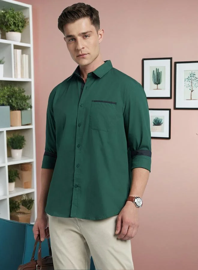 Dennis Lingo Men's Forest Green 100% Cotton Solid Regular Fit Shirt
