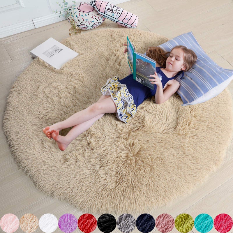 Amdrebio Beige Round Area Rugs 5Ft for Bedroom Fluffy Plush Shag Furry Circle Rug for Kids Room Living Room Decor Aesthetic Fuzzy Circular Tan Neutral Carpet for Teens Baby Nursery Playroom Dorm