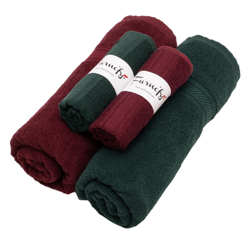 Furnofy 450 GSM Cotton Towel Set of 4, 2 Bath (70x140 cm) 2 Hand (40x60 cm), Highly Absorbent and Soft Bathroom Towels (Pack of 4 - Maroon, Olive)