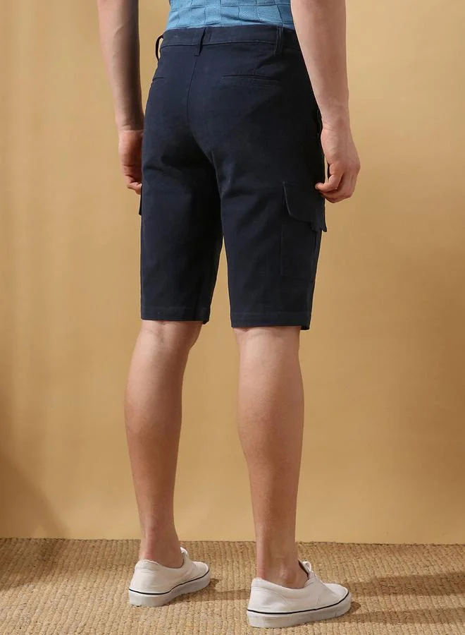 Dennis Lingo Men's Navy 100% Cotton Solid Pattern Cropped Length Cargo Regular Fit Shorts