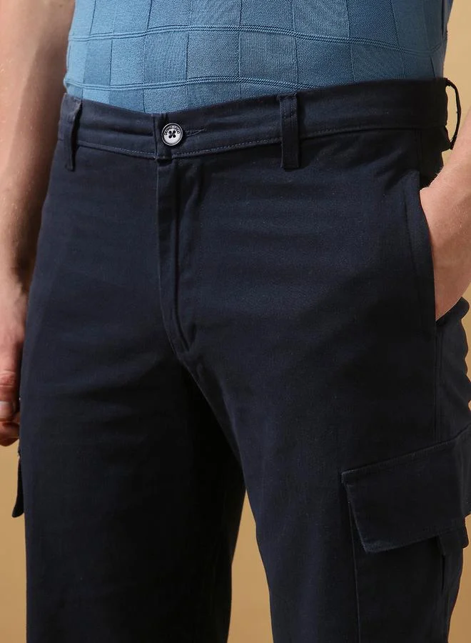 Dennis Lingo Men's Navy 100% Cotton Solid Pattern Cropped Length Cargo Regular Fit Shorts