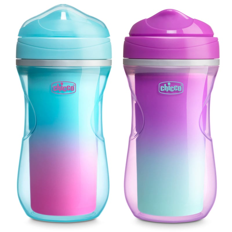 Chicco Double-Wall Insulated Sippy Cup with Bite-Proof Rim Spout and Spill-Free Lid 9oz. | Top-Rack Dishwasher Safe | Easy to Hold Ergonomic Indents | Pink/Teal/Purple Ombre, 2pk | 12+ months - Image 1
