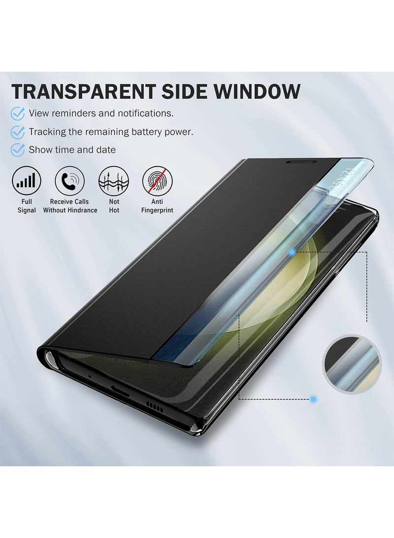 Adando for Samsung Galaxy S26 Ultra Case View Clear Smart Window, with Kickstand for S26 Ultra Case Luxury Flip Slim Mirror Hard PC Leather View Clear Smart Window Cover (Black) - Image 4