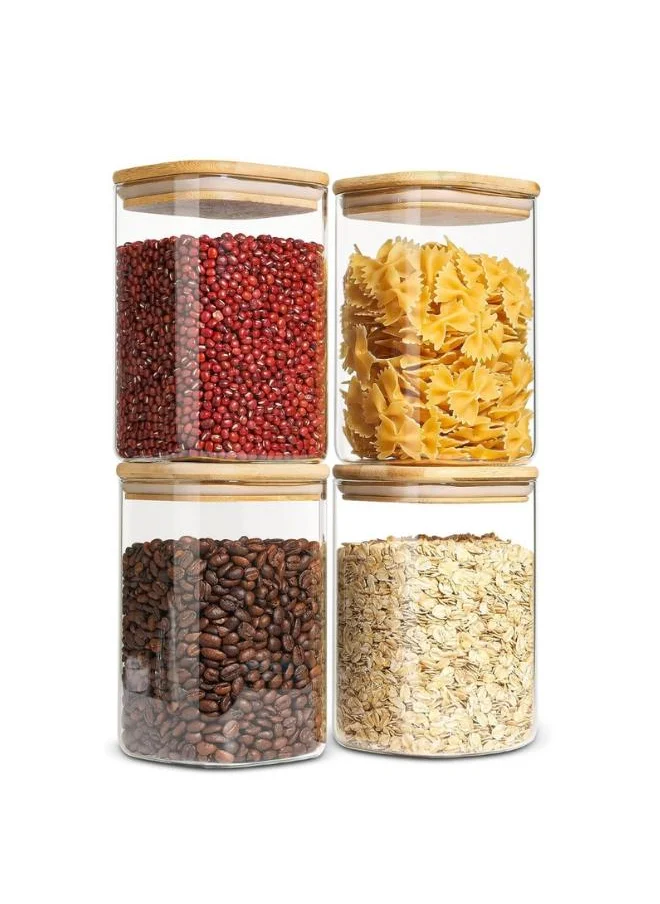 QUESERA Airtight Glass Storage Canister with Wood Lid (1100ml), Clear Food Storage Container Jar with Sealing Bamboo Lid for Noodles Flour Cereal Rice Sugar Tea Coffee Beans, Square Set of 4