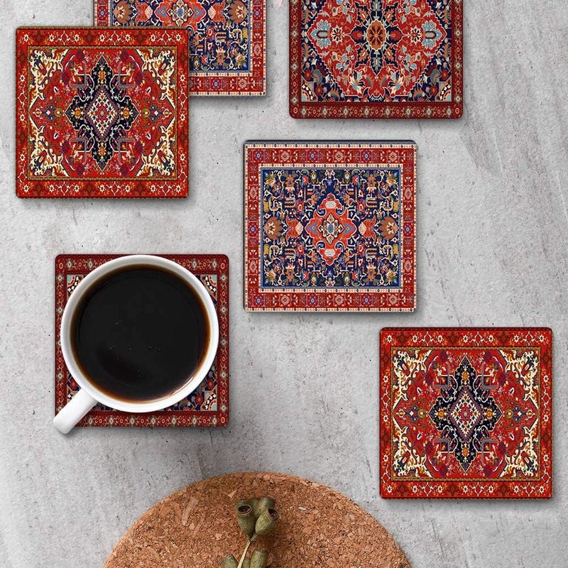 Bribay Coasters for Drinks Set of 6, Tribal Geometric Pattern Absorbent Square Ceramic Stone Mat, with Cork Base and Metal Holder, Gift for Housewarming Room Bar Decor - Image 4