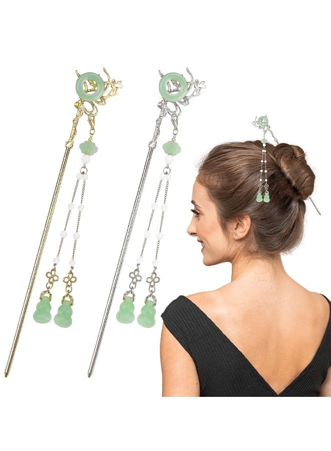 2 Pack Chinese Hair Sticks Tassel Hairpin Vintage Gourd Pearl Tassels Chopsticks Hanfu Hair Fork Classical Style Hair Accessories For Women And Girls (Silver And Gold) - Image 1