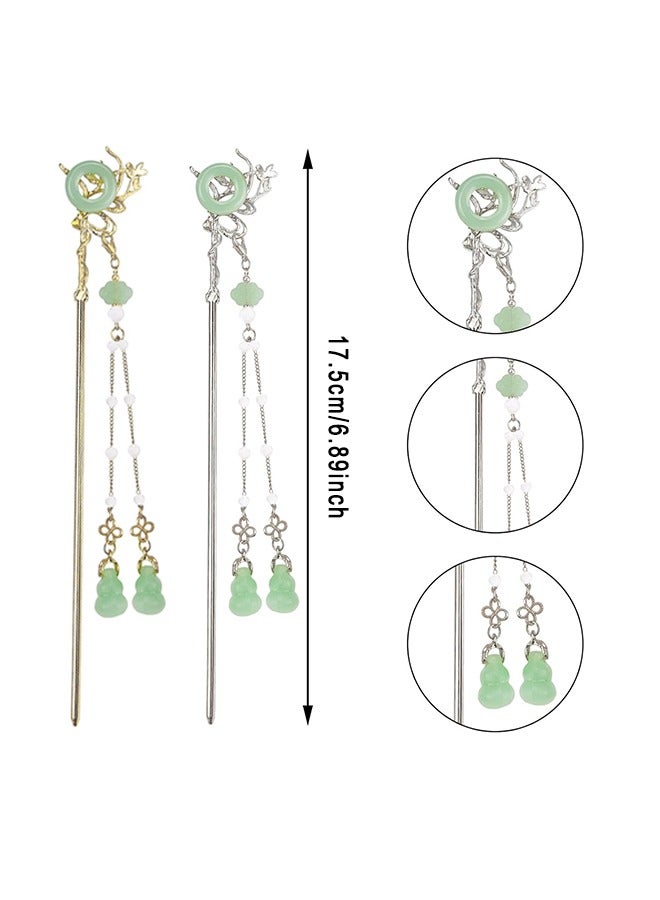 2 Pack Chinese Hair Sticks Tassel Hairpin Vintage Gourd Pearl Tassels Chopsticks Hanfu Hair Fork Classical Style Hair Accessories For Women And Girls (Silver And Gold) - Image 2