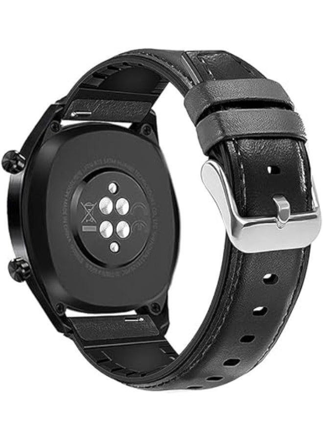 22mm Genuine Leather Replacement Watch Band Compatible with Samsung Watch, Huawei Watch 3, Gear S3, Huawei Watch 3/3 Pro/GT2 (46mm)/GT2 Pro/GT2e - Black - Image 1