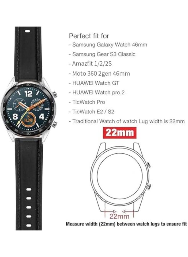 22mm Genuine Leather Replacement Watch Band Compatible with Samsung Watch, Huawei Watch 3, Gear S3, Huawei Watch 3/3 Pro/GT2 (46mm)/GT2 Pro/GT2e - Black - Image 4