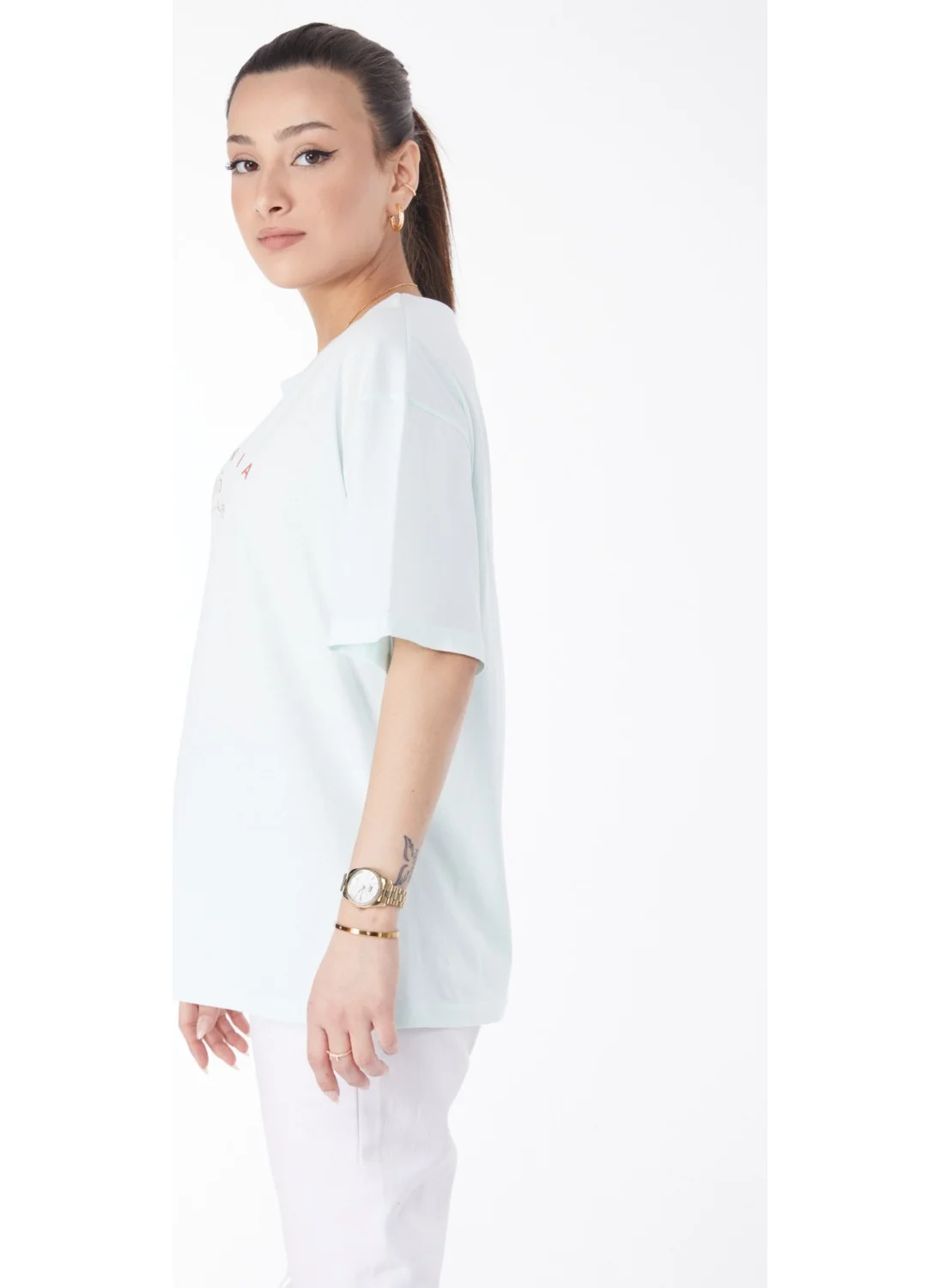 Tofisa 24632-MINT Crew Neck Short Sleeve Printed T-Shirt