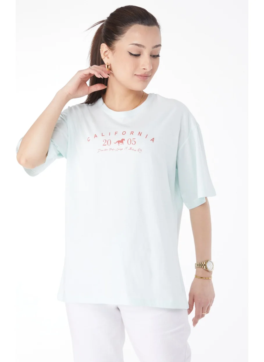 Tofisa 24632-MINT Crew Neck Short Sleeve Printed T-Shirt