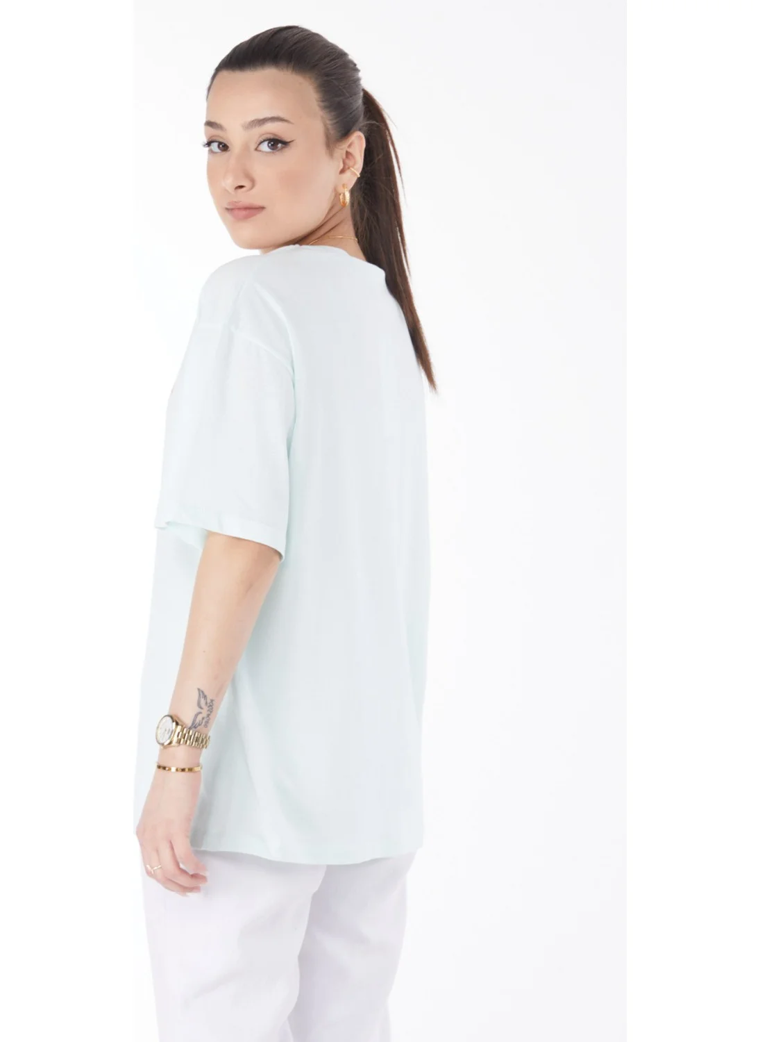 Tofisa 24632-MINT Crew Neck Short Sleeve Printed T-Shirt