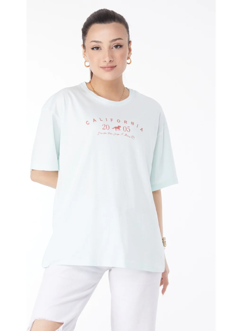 Tofisa 24632-MINT Crew Neck Short Sleeve Printed T-Shirt