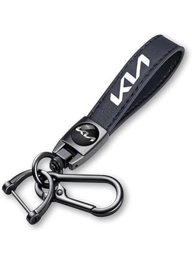 ميدالية وسلسلة مفاتيح سيارة من الجلد وحلقات معدن مناسبة لمفاتيح السيارة والدراجات النارية ومفاتيح العائلة - متوافقة مع كيا أسود - Image 1