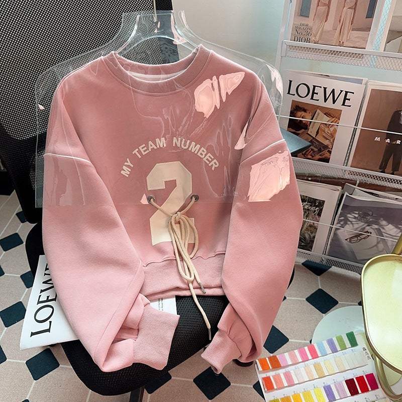 Cross-border 2023 New Heavy Industry Sweatshirt Womens Autumn and Winter Thin Round Neck Long Sleeve T-shirt Top Loose plus size Women Apricot - Image 2