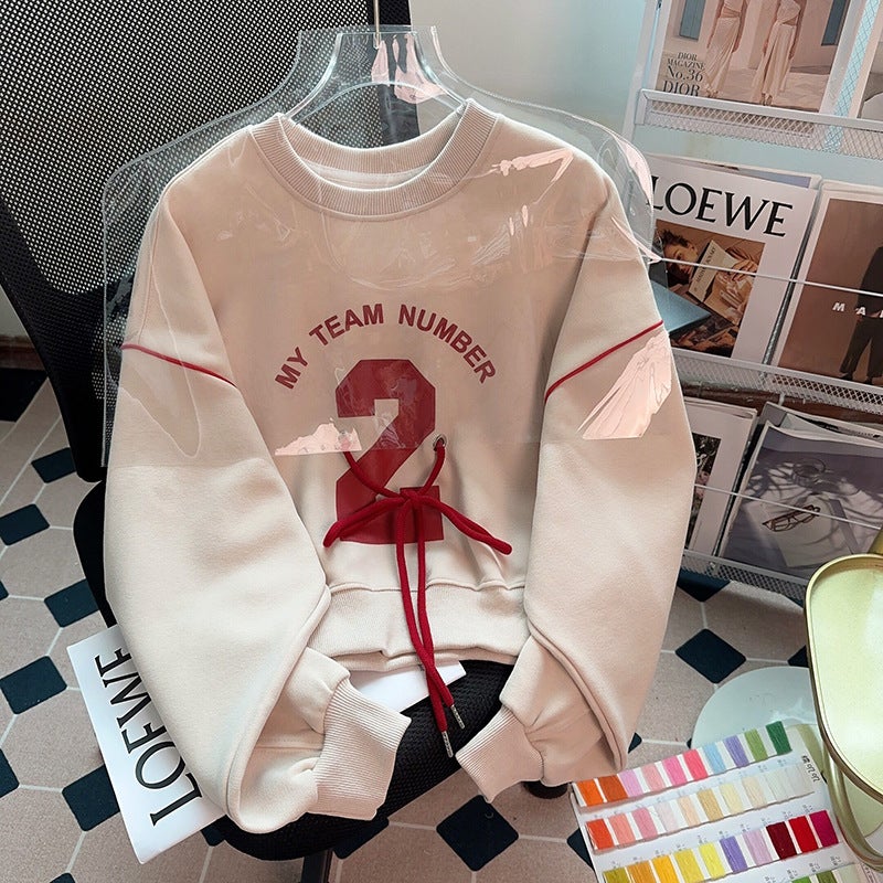 Cross-border 2023 New Heavy Industry Sweatshirt Womens Autumn and Winter Thin Round Neck Long Sleeve T-shirt Top Loose plus size Women Apricot - Image 1