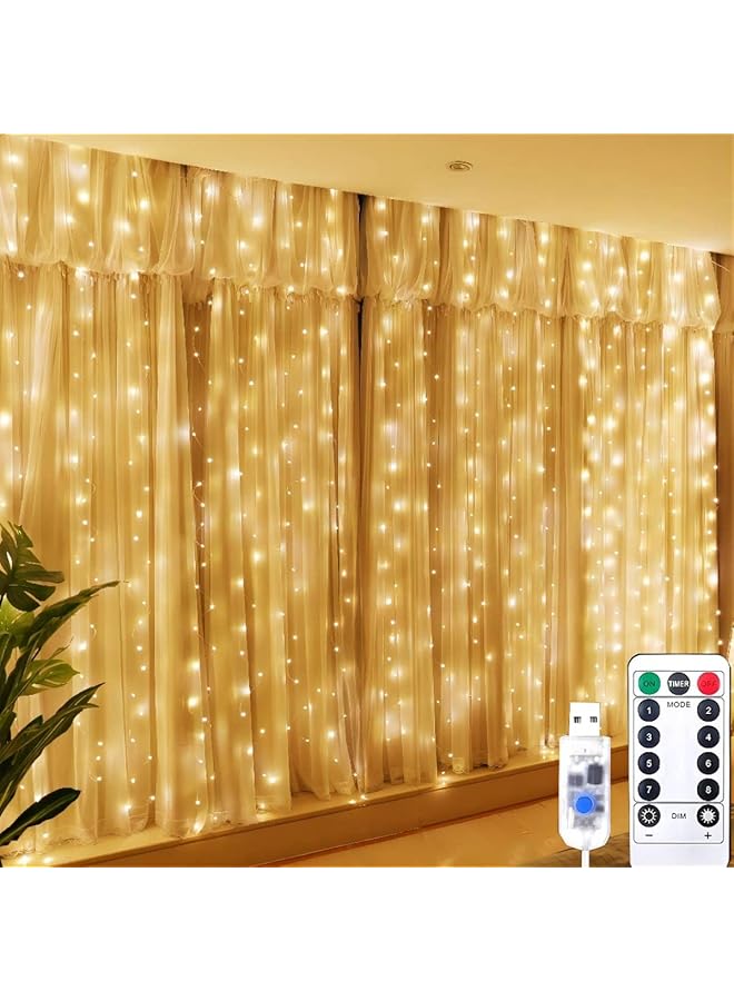 The Bros أضواء الستائر، 3×3 300LED أضواء خيط الستائر، 8 أوضاع إضاءة أضواء الجنية للنوافذ مع جهاز تحكم عن بعد، أضواء ستائر LED مقاومة للماء تعمل بالطاقة عبر USB لتزيين الحفلات والأعراس (أبيض دافئ)