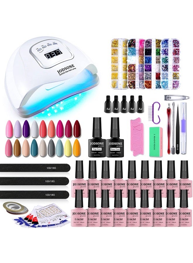 JODSONE Gel Nail Polish Kit with UV Light, 18 Colors Gel Nail Polish Set with 150W UV Led Nail Lamp Base Coat Top Coat DIY Home Manicure Tools Nail art Glitters Rhinestones Gift for Women A018 - Image 1