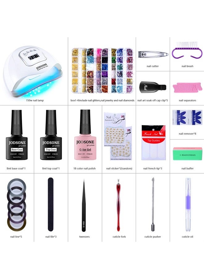 JODSONE Gel Nail Polish Kit with UV Light, 18 Colors Gel Nail Polish Set with 150W UV Led Nail Lamp Base Coat Top Coat DIY Home Manicure Tools Nail art Glitters Rhinestones Gift for Women A018 - Image 4