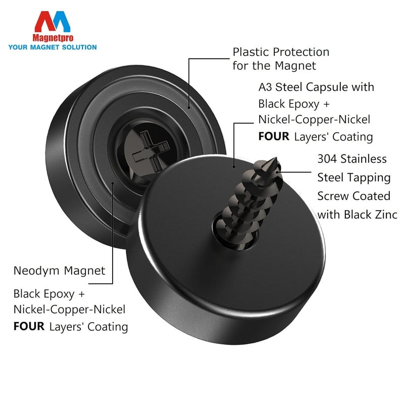 Magnetpro Pack of 12 magnets 20 x 7 mm with hole and black capsule, countersunk pot magnet with screws and black steel cushion - Image 2
