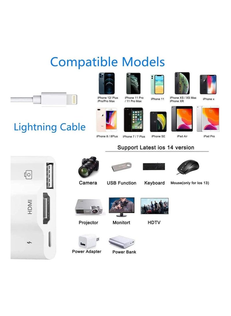 Lightning to USB HDMI Camera Adapter with Power Port 3 in 1 OTG Cable Compatible iPhone 12 11 X 8 7 iPad 1080P Digital AV Monitor Projector Drive Mouse Keyboard MIDI Rj45 9.2 14  - Image 2