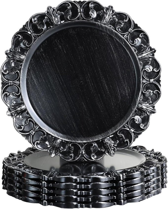 BLACK CHARGER PLATES SET OF 6 DECORATIVE TABLE PLASTIC CHARGERS FOR DINNER PLATES PARTY WEDDING THANKSGIVING CHRISTMAS 11B