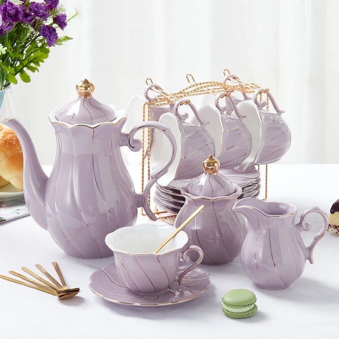 22 PCS PORCELAIN TEA SET FOR 6 LUXURY BRITISH STYLE TEACOFFEE CUP SET WITH GOLDEN TRIM BEAUTIFUL TEA SET FOR WOMEN TEA PARTY SET GIFT PACKAGE WITH A STAND PURPLE
