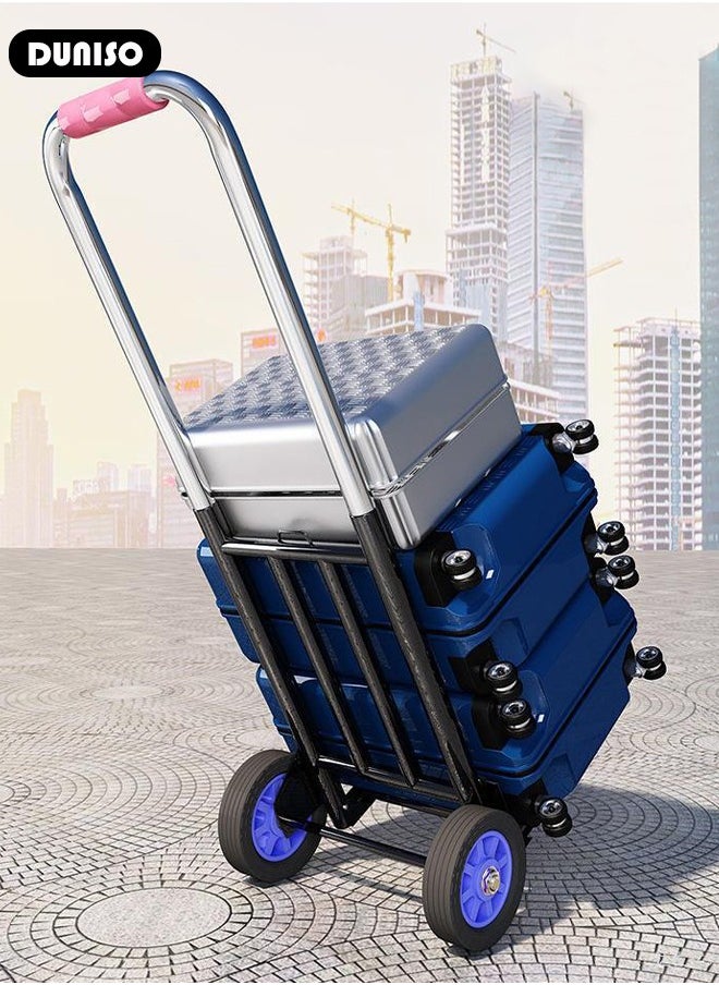 DUNISO Folding Home Moving Trailer, Light Portable Trolley with 3 Elastic cord, Folding Hand Truck, Heavy Duty Portable Luggage Trolley for Home, Luggage, Travel, Warehouse and Office(Blue Rubber Wheel)  - Image 3