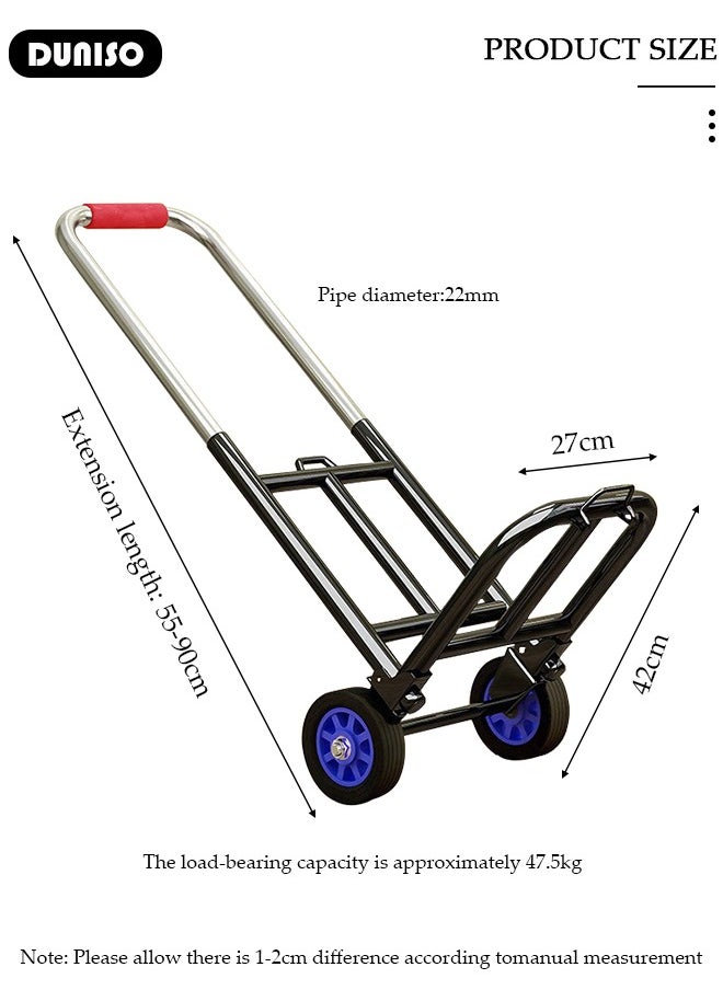 DUNISO Folding Home Moving Trailer, Light Portable Trolley with 3 Elastic cord, Folding Hand Truck, Heavy Duty Portable Luggage Trolley for Home, Luggage, Travel, Warehouse and Office(Blue Rubber Wheel)  - Image 5