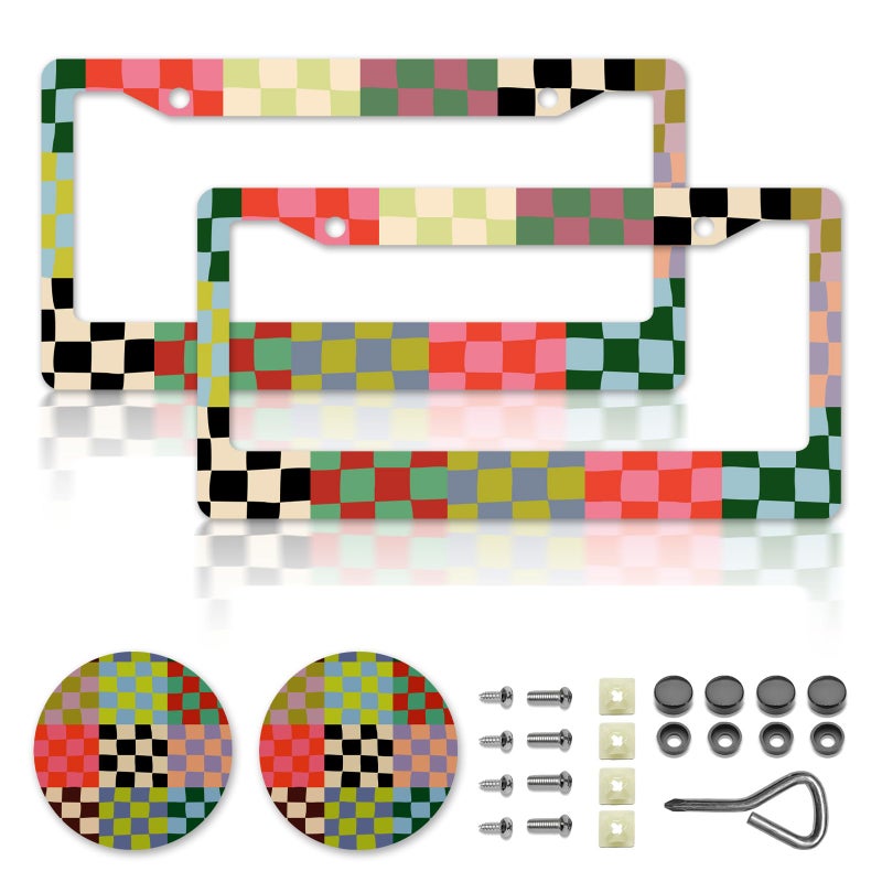 DGDRHZ Checkered License Plate Framesï¼ŒCheckered Car Accessories for Womenï¼ŒCute Licens,e Plate Holderï¼ŒAluminum License Plate Frame Fits Standard US Vehicles Size 12.2 x 6 Inch (Multicolor-2pcs) - Image 1
