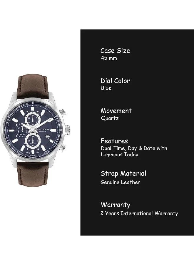 لي كوبر Lee Cooper Men's VX9NE1 Movement Watch, Multi Function Display and Leather Strap - LC07855.394, Brown