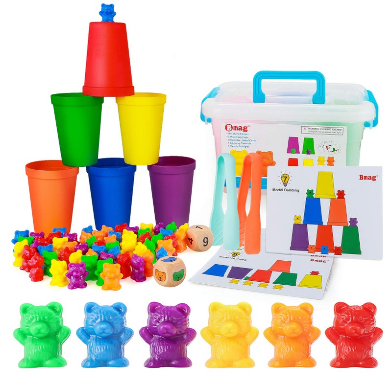 Bmag Counting Bears with Matching Sorting CupsPreSchool Math Learning Games with 2 DicesColor Recognition STEM Educational Toy for Toddler Bonus Tweezers Storage Box Activity Cards