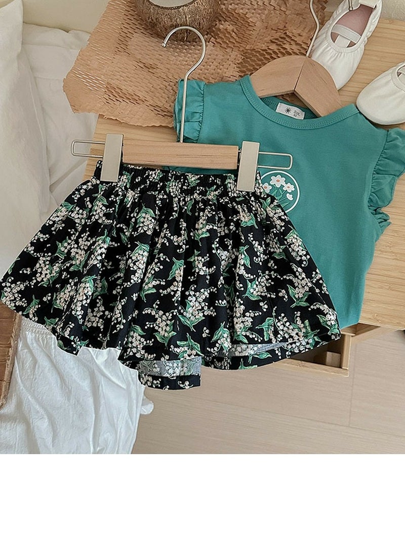 Loquat Girls Printed Shorts Set Sleeveless Ruffled T-shirt And Loose Shorts Summer Casual Set  - Image 1