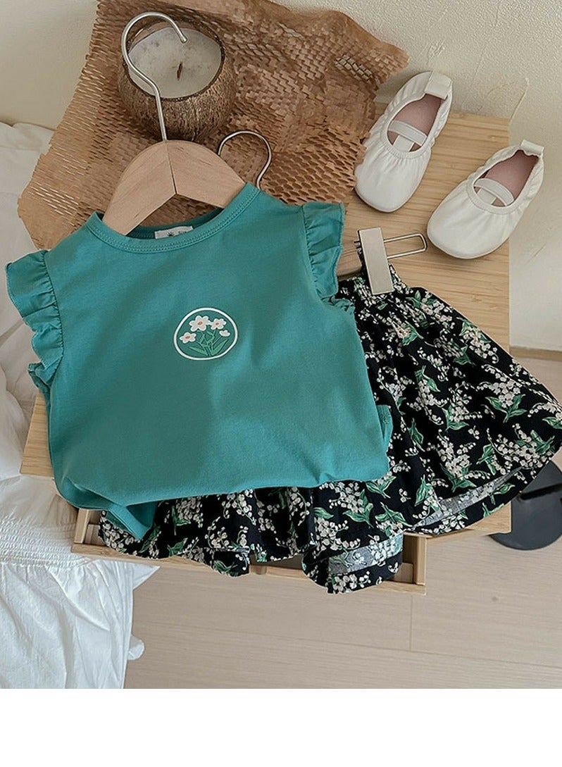 Loquat Girls Printed Shorts Set Sleeveless Ruffled T-shirt And Loose Shorts Summer Casual Set  - Image 2