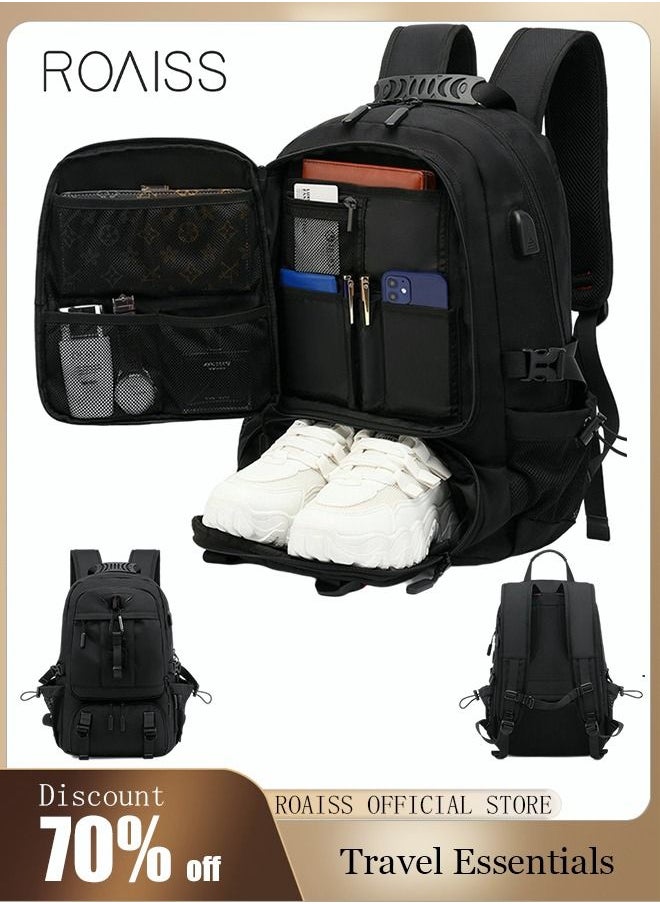 roaiss - Unisex 60L Waterproof Hiking Backpack Large Capacity Expandable Luggage Bag with Independent Shoes Compartment and USB Port for Sports Travel Outdoor Business Trip Work Black - Image 1