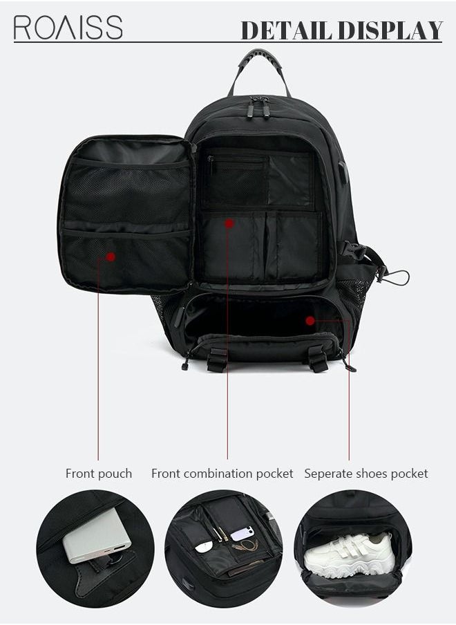 roaiss - Unisex 60L Waterproof Hiking Backpack Large Capacity Expandable Luggage Bag with Independent Shoes Compartment and USB Port for Sports Travel Outdoor Business Trip Work Black - Image 1