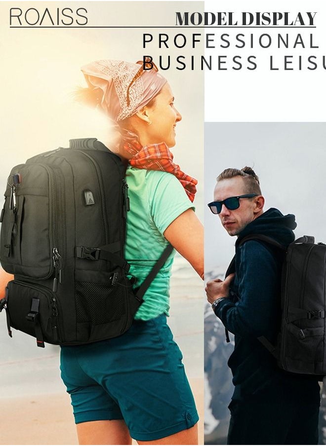 roaiss - Unisex 60L Waterproof Hiking Backpack Large Capacity Expandable Luggage Bag with Independent Shoes Compartment and USB Port for Sports Travel Outdoor Business Trip Work Black - Image 1