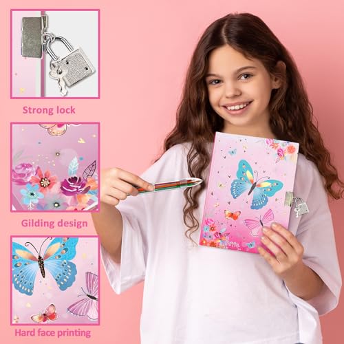 GINMLYDA Girls Diary with Lock, Butterfly Secret Diary Set Incl. Kids Lockable Journal Memo 6-Multicolor Pen Ruler Eraser Sharpener Writing Notebook Gift for Girls 6-10 - Image 5