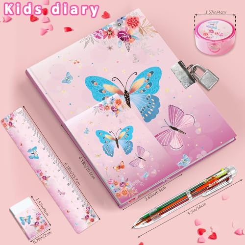 GINMLYDA Girls Diary with Lock, Butterfly Secret Diary Set Incl. Kids Lockable Journal Memo 6-Multicolor Pen Ruler Eraser Sharpener Writing Notebook Gift for Girls 6-10 - Image 4