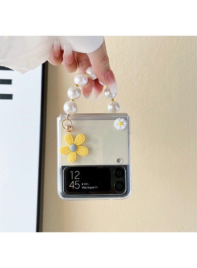 HY Cute Case for Samsung Galaxy Z Flip 4 with Strap, Fashion Flower Case for Galaxy Z Flip 4 5G Protective Girls Case with Pearl Chain, Hard PC Case for Z Flip 4 Clear Case with Lanyard  - Image 2