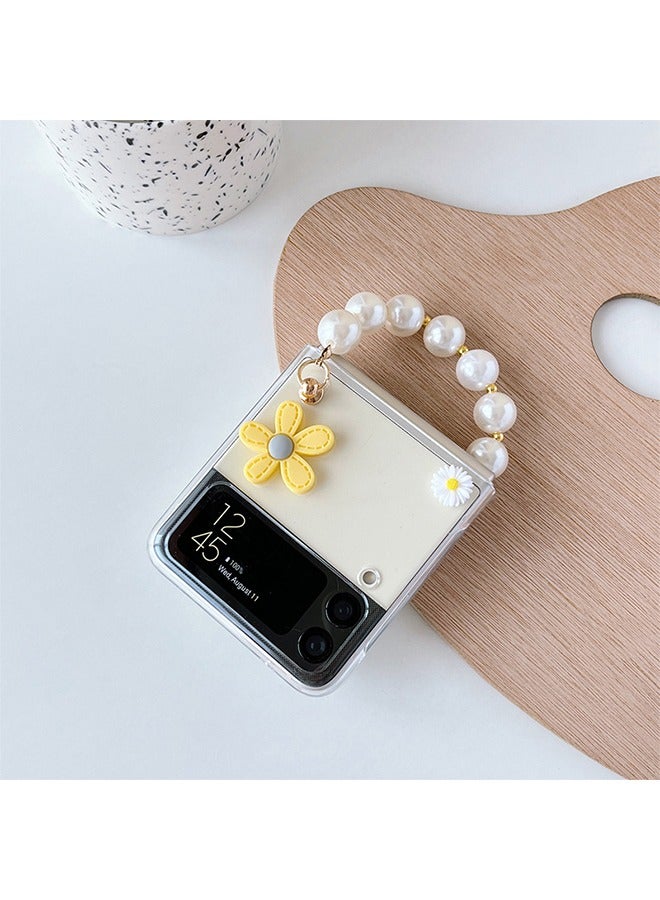 HY Cute Case for Samsung Galaxy Z Flip 4 with Strap, Fashion Flower Case for Galaxy Z Flip 4 5G Protective Girls Case with Pearl Chain, Hard PC Case for Z Flip 4 Clear Case with Lanyard  - Image 4