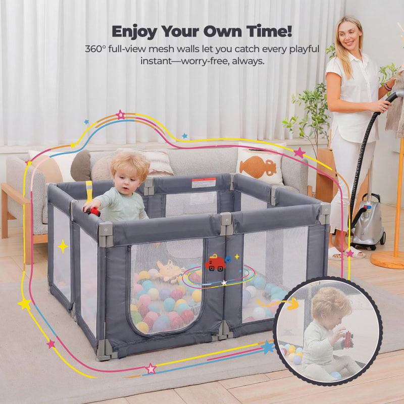 Kidirect Foldable Baby Playpen, 47"Ã—49" Small Play Pen for Babies Toddlers, 360Â° Vision Mesh Play Yard with Zipper Gate, Adjustable Shape Portable Indoor Outdoor Safety Baby Fence with Handles, Grey - Image 4