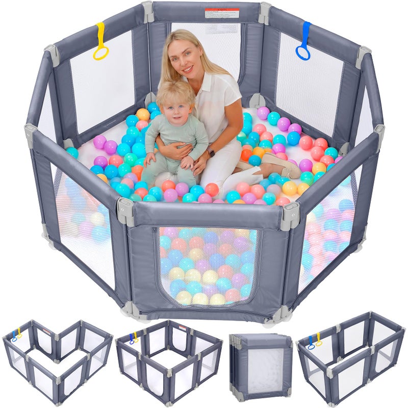 Kidirect Foldable Baby Playpen, 47"Ã—49" Small Play Pen for Babies Toddlers, 360Â° Vision Mesh Play Yard with Zipper Gate, Adjustable Shape Portable Indoor Outdoor Safety Baby Fence with Handles, Grey - Image 1