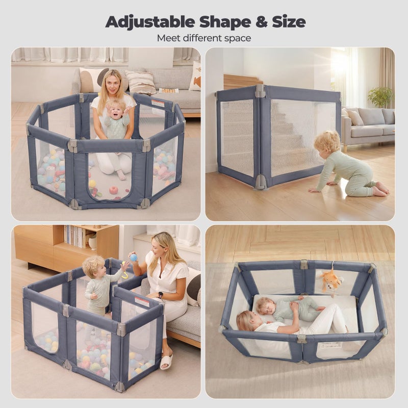 Kidirect Foldable Baby Playpen, 47"Ã—49" Small Play Pen for Babies Toddlers, 360Â° Vision Mesh Play Yard with Zipper Gate, Adjustable Shape Portable Indoor Outdoor Safety Baby Fence with Handles, Grey - Image 3