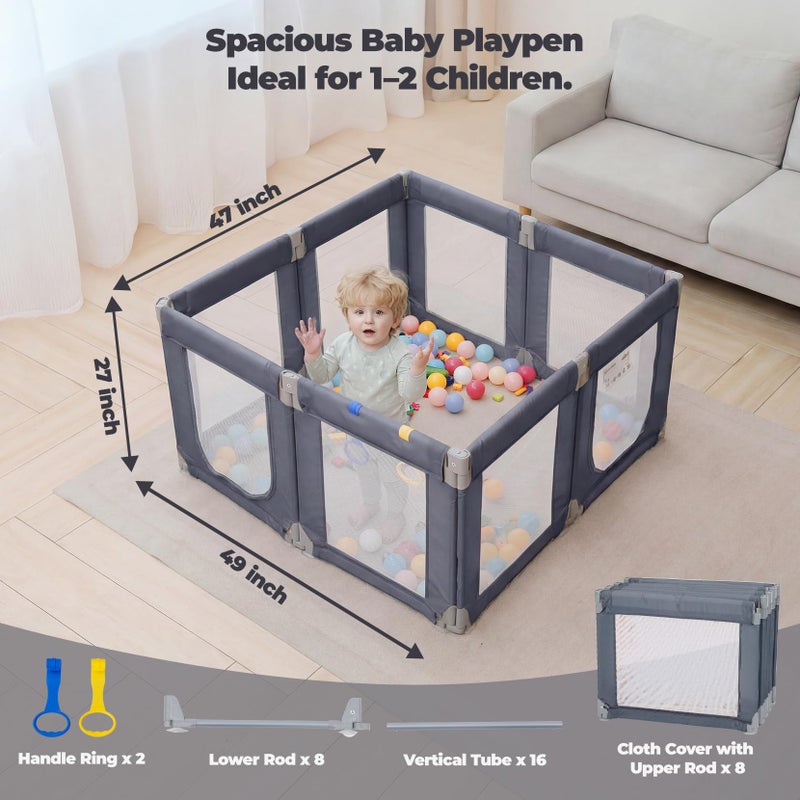 Kidirect Foldable Baby Playpen, 47"Ã—49" Small Play Pen for Babies Toddlers, 360Â° Vision Mesh Play Yard with Zipper Gate, Adjustable Shape Portable Indoor Outdoor Safety Baby Fence with Handles, Grey - Image 2