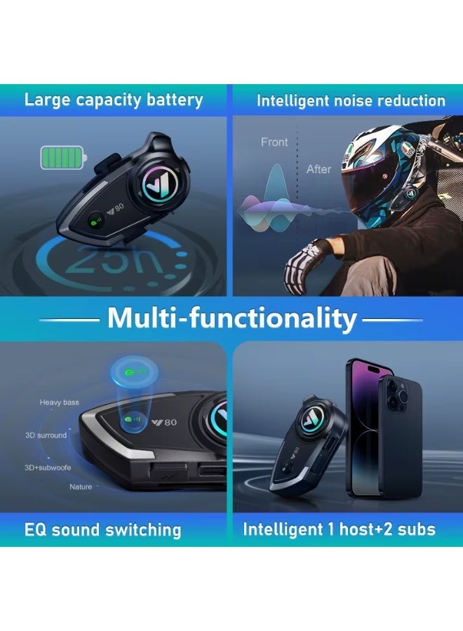 Accessomart Y80 Motorcycle Helmet Bluetooth Headset, Bluetooth 5.3, 25 Hours Playtime, IPX6 Waterproof, Noise Reduction, Universal Fit for Full Face, Open Face, Half and Flip Up Helmets, Black - Image 2
