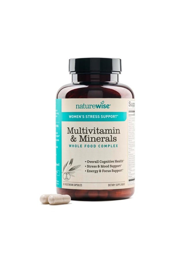 NatureWise فيتامينات متعددة للنساء + دعم الإجهاد + مركب ب + فيتامين ج + د3 ك2 للمناعة والشعر والبشرة والأظافر والهضم + أطعمة عضوية كاملة - نباتي، غير معدّل وراثيًا - 60 كبسولة [إمداد لمدة شهر] - Image 1