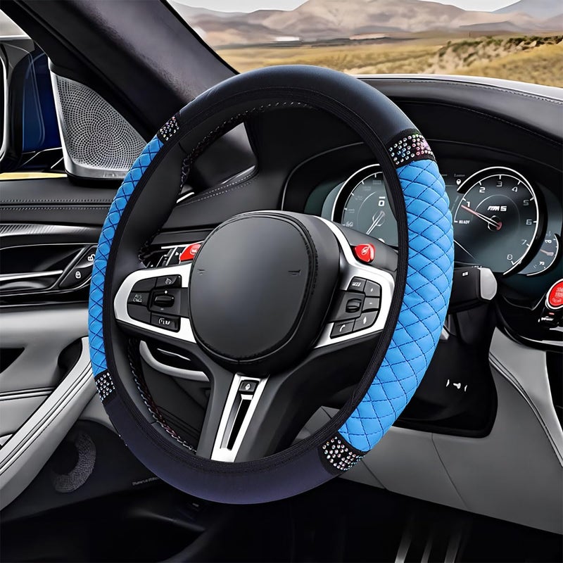 ZIMISI Bling Soft Leather Steering Wheel Cover 15 AntiSlip Sparkly Crystal Auto Elastic Steering Wheel Protector for Women Girl Colorful Diamond Car Interior Accessory for Most Cars Blue - Image 3